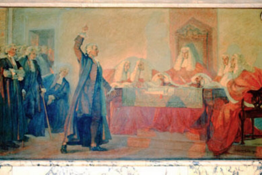 Mural of a colonial-era courtroom, with an advocate arguing before a bench of robed judges